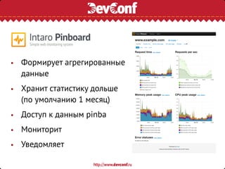 • Формирует агрегированные
данные
• Хранит статистику дольше
(по умолчанию 1 месяц)
• Доступ к данным pinba
• Мониторит
• Уведомляет
 