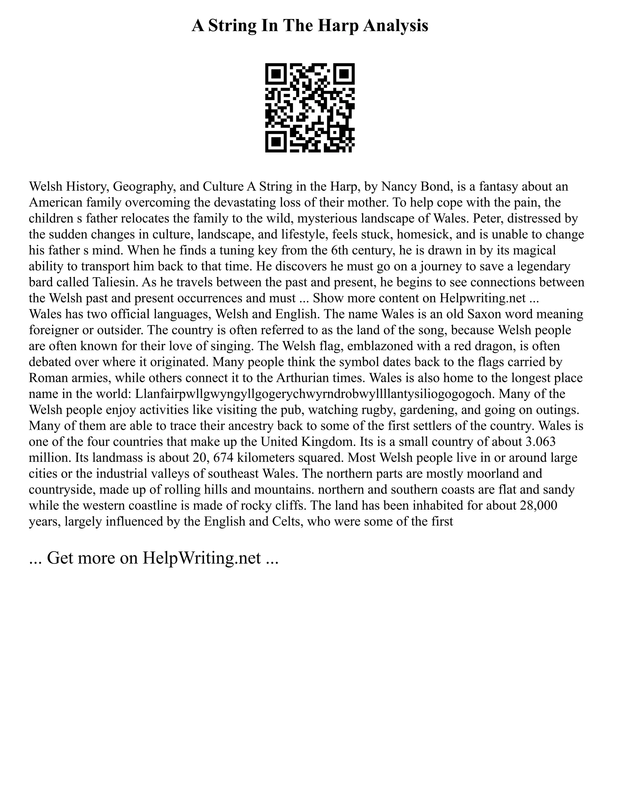 A String In The Harp Analysis
Welsh History, Geography, and Culture A String in the Harp, by Nancy Bond, is a fantasy about an
American family overcoming the devastating loss of their mother. To help cope with the pain, the
children s father relocates the family to the wild, mysterious landscape of Wales. Peter, distressed by
the sudden changes in culture, landscape, and lifestyle, feels stuck, homesick, and is unable to change
his father s mind. When he finds a tuning key from the 6th century, he is drawn in by its magical
ability to transport him back to that time. He discovers he must go on a journey to save a legendary
bard called Taliesin. As he travels between the past and present, he begins to see connections between
the Welsh past and present occurrences and must ... Show more content on Helpwriting.net ...
Wales has two official languages, Welsh and English. The name Wales is an old Saxon word meaning
foreigner or outsider. The country is often referred to as the land of the song, because Welsh people
are often known for their love of singing. The Welsh flag, emblazoned with a red dragon, is often
debated over where it originated. Many people think the symbol dates back to the flags carried by
Roman armies, while others connect it to the Arthurian times. Wales is also home to the longest place
name in the world: Llanfairpwllgwyngyllgogerychwyrndrobwyllllantysiliogogogoch. Many of the
Welsh people enjoy activities like visiting the pub, watching rugby, gardening, and going on outings.
Many of them are able to trace their ancestry back to some of the first settlers of the country. Wales is
one of the four countries that make up the United Kingdom. Its is a small country of about 3.063
million. Its landmass is about 20, 674 kilometers squared. Most Welsh people live in or around large
cities or the industrial valleys of southeast Wales. The northern parts are mostly moorland and
countryside, made up of rolling hills and mountains. northern and southern coasts are flat and sandy
while the western coastline is made of rocky cliffs. The land has been inhabited for about 28,000
years, largely influenced by the English and Celts, who were some of the first
... Get more on HelpWriting.net ...
 