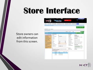 Store Interface
Store owners can
edit information
from this screen.
 