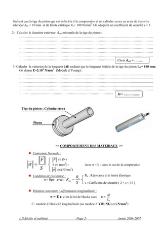 L.S Béchir el nabhéni -Page 2- Année 2006-2007
F
S
 
F

e
pe
R
R
S

Sachant que la tige du piston qui est sollicitée à la compression et un cylindre creux en acier de diamètre
intérieur dint = 10 mm et de limite élastique Re= 180 N/mm2
. On adoptera un coefficient de sécurité s = 3
2- Calculer le diamètre extérieur dext minimale de la tige du piston :
……………………………………………………………………………………………………………
……………………………………………………………………………………………………………
……………………………………………………………………………………………………………
……………………………………………………………………………………………………………
……………………………………………………………………………………………………………
……………………………………………………………………………………………………………
……………………………………………………………………………
3- Calculer la variation de la longueur (Δl) sachant que la longueur initiale de la tige du piston L0 = 100 mm;
On donne E=2.105
N/mm2
(Module d’Young) :
…………………………………………………………………………………………............................
…………………………………………………………………………………………............................
…………………………………………………………………………………………............................
…………………………………………………………………………………………............................
……………………………………………………………………………………………………………
……..…………………………………………………………………….
<< COMPORTEMENT DES MATERIAUX >>
Contrainte Normale :
Condition de résistance :
σ ≤ Rpe avec :
Relation contrainte / déformation longitudinale :
σ = E ε c’est la loi de Hooke avec ε =
0
l
L

E : module d’élasticité longitudinale (ou module d’YOUNG) en (N/mm2
)
Choix dext = ……..
Δl = …………...
Tige du piston : Cylindre creux
Piston
en (N)
S en (mm2
) : Avec σ < 0 : dans le cas de la compression
en (N/mm2
)
Re : Résistance à la limite élastique
s : Cœfficient de sécurité ( 2 ≤ s ≤ 10 )
 