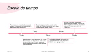 Escala de tiempo
Para iniciar una presentación, vaya a la
pestaña Presentación con diapositivas y
seleccione Desde el principio.
Título
Para mostrar la vista Moderador, en la vista
Presentación con diapositivas, en la barra
de control de la parte inferior izquierda,
seleccione los tres puntos y, luego, Mostrar
vista Moderador.
Título
Durante la presentación, puede ver las
notas del orador en el monitor, pero estas
no son visibles para el público.
Título
El panel de notas es un cuadro que
aparece debajo de cada diapositiva.
Púlselo para agregar notas.
Título
Si no ve el panel de notas o está
minimizado por completo, haga clic en
Notas en la barra de tareas, situada en
la parte inferior de la ventana de
PowerPoint.
Título
3/9/20XX Título de la presentación 9
 
