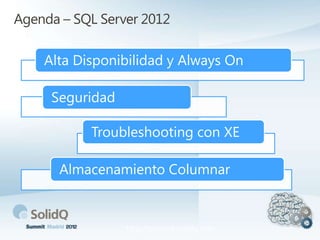 Agenda – SQL Server 2012

Alta Disponibilidad y Always On
Seguridad
Troubleshooting con XE
Almacenamiento Columnar

http://summit.solidq.com

 