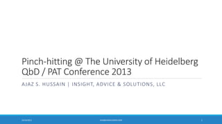 Pinch-hitting @ The University of Heidelberg
QbD / PAT Conference 2013
AJAZ S. HUSSAIN | INSIGHT, ADVICE & SOLUTIONS, LLC

10/16/2013

AJAZ@AJAZHUSSAIN.COM

1

 