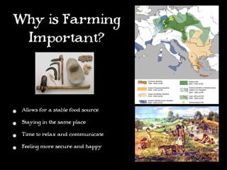 Why is Farming
 Important?




•   Allows for a stable food source

•   Staying in the same place

•   Time to relax and communicate

•   Feeling more secure and happy
 
