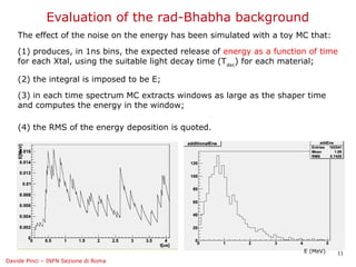 Evaluation of the rad-Bhabha background
    The effect of the noise on the energy has been simulated with a toy MC that:

    (1) produces, in 1ns bins, the expected release of energy as a function of time
    for each Xtal, using the suitable light decay time (T dec) for each material;

    (2) the integral is imposed to be E;

    (3) in each time spectrum MC extracts windows as large as the shaper time
    and computes the energy in the window;

    (4) the RMS of the energy deposition is quoted.




                                                                          E (MeV)   11
Davide Pinci – INFN Sezione di Roma
 