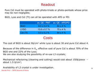 Readout
    Pure CsI must be operated with photo-triode or photo-pentode whose price
    may be non-negligible;

    BGO, Lyso and CsI (Tl) can all be operated with APD or PD:

                                      av. QE - PMT   av. QE - APD/PD
                        BGO           8.0 ± 0.4 %       82 ± 4 %
                        LYSO          13.6 ± 0.7 %      75 ± 4 %
                        CsI (Tl)      5.0 ± 0.2 %       84 ± 4 %

                                           Costs
 The cost of BGO is about 9$/cm3 while Lyso is about 30 and pure CsI about 4.

 Because of the difference in X 0, effective cost of pure CsI is about 70% of the
 BGO one and 22% of the Lyso;
 We are also studying the possibility of re-use L3 crystals;

 Mechanical refactoring (cleaning and cutting) would cost about 150$/piece →
 about 1.5 $/cm3;

 Availability of L3 crystal is under investigation.                                 14
Davide Pinci – INFN Sezione di Roma
 
