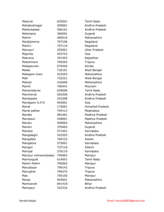 Madurai                  625001   Tamil Nadu
  Mahabubnagar             509001   Andhra Pradesh
  Mahbubabad               506101   Andhra Pradesh
  Mahesana                 384001   Gujarat
  Mahim                    400016   Maharashtra
  Maidjiphema              797106   Nagaland
  Mailuri                  797114   Nagaland
  Mainpuri                 205001   Uttar Pradesh
  Majorda                  403723   Goa
  Makrana                  341505   Rajasthan
  Makshmara                799265   Tripura
  Malappuram               676505   Kerala
  Malda                    732101   West Bengal
  Malegaon town            423203   Maharashtra
  Mall                     735221   West Bengal
  Malvan                   416606   Maharashtra
  Mamit                    796441   Mizoram
  Manamadurai              630606   Tamil Nadu
  Mancherial               504208   Andhra Pradesh
  Mandapeta                533308   Andhra Pradesh
  Mandgaon G.P.O           403601   Goa
  Mandi                    175001   Himachal Pradesh
  Mandi pathar             794112   Meghalaya
  Mandla                   481661   Madhya Pradesh
  Mandsaur                 458001   Madhya Pradesh
  Mandvi                   400003   Maharashtra
  Mandvi                   370465   Gujarat
  Mandya                   571401   Karnataka
  Mangalagiri              522203   Andhra Pradesh
  Mangaldoi                784125   Assam
  Mangalore                575001   Karnataka
  Mangan                   737116   Sikkim
  Manipal                  576119   Karnataka
  Manipur vishwavidyalay   795003   Manipur
  Mannargudi               614001   Tamil Nadu
  Mantri Pokhri            795002   Manipur
  Manubazar                799143   Tripura
  Manughat                 799275   Tripura
  Mao                      795150   Manipur
  Margo                    403601   Maharashtra
  Marhowrah                841418   Bihar
  Markapur                 523316   Andhra Pradesh



Harsha Halyal                                        Email: harschal007@gmail.com
 