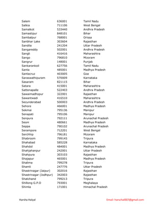 Salem                    636001   Tamil Nadu
 Salkia                   711106   West Bengal
 Samalkot                 533440   Andhra Pradesh
 Samastipur               848101   Bihar
 Sambalpur                768001   Orissa
 Sanbhar Lake             303604   Rajasthan
 Sandila                  241204   Uttar Pradesh
 Sangareddy               502001   Andhra Pradesh
 Sangli                   416416   Maharashtra
 Sango                    796810   Mizoram
 Sangrur                  148001   Punjab
 Sankarankoil             627756   Tamil Nadu
 Santa                    485001   Madhya Pradesh
 Santacruz                403005   Goa
 Saraswathipuram          570009   Karnataka
 Sasaram                  821115   Bihar
 Satara                   415001   Maharashtra
 Sattenapalle             522403   Andhra Pradesh
 Sawaimadhopur            322001   Rajasthan
 Sawantwadi               416510   Maharashtra
 Secunderabad             500003   Andhra Pradesh
 Sehore                   466001   Madhya Pradesh
 Sekmai                   795136   Manipur
 Senapati                 795106   Manipur
 Senpura                  792111   Arunachal Pradesh
 Seoni                    480661   Madhya Pradesh
 Seppa                    790102   Arunachal Pradesh
 Serampore                712201   West Bengal
 Serchhip                 796181   Mizoram
 Shabroom                 799145   Tripura
 Shahabad                 585228   Karnataka
 Shahdol                  484001   Madhya Pradesh
 Shahjahanpur             242001   Uttar Pradesh
 Shahpura                 303103   Rajasthan
 Shajapur                 465001   Madhya Pradesh
 Shalima                  799278   Tripura
 Shamli                   247776   Uttar Pradesh
 Shastrinagar (Jaipur)    302016   Rajasthan
 Shastrinagar (Jodhpur)   342003   Rajasthan
 Shatchand                799213   Tripura
 Shillong G.P.O           793001   Meghalaya
 Shimla                   171001   Himachal Pradesh



Harsha Halyal                                       Email: harschal007@gmail.com
 