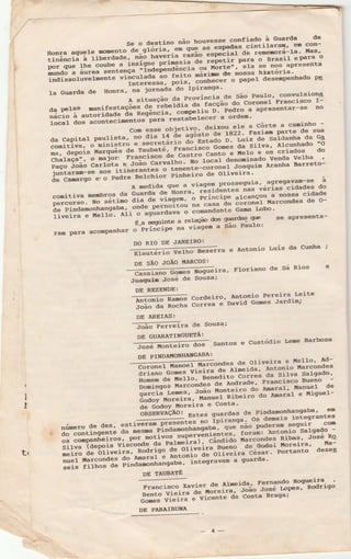 {
I
I
Se o destino não Ìrouvesse confiado à Guarda de
Honra aq'el" *""to"ã"lsiãtiã' -"t g::-": espadas cintilara4' en con-
tinência à tiberdaae'-nãË n"t"tia razão ""pããitr
de renenorá-Ia' !las'
por que lÌÌe coub€.
" i':Ï;;-;I*:i:-u:..'ífÍiÍ.-n :""õ::h:SJi""
ffiaã-ã 3,'t"ã ""ttt"nça
"rndeltêndencra ou'
indissoluvelmente "tiËtrãã"-ão
feito tt:Io de nossa bistoraa'
rnteressa'pois,"onrf"ãeiopapeldesenpenhadoPg
Ia Guarda de ÌIonra' na jornada do lpiranga'
a siluação da Província de São Paulo'-convursionê
da rt€tas nanirestaçã"ã-ãã-i"utraia aa'táliãã do cototter Francisco r-
nácio à autoridade ;-i";ã";;' conpetiu ol pedro a apresentar-se no
local dos a"o"t""i-"it;;'p";; restabtrec"r a ordem'
Com esse objetivo' tleixou e].e a Côrte a caminÌro -
da capital ptoristt'-iã ãiã-re-á" "gôtto-ãã-i822'
Eaziam parte de sua
comitiva, o ninistro ã-"ã"t"tãtio dó'Estaã; o'-irli" dê saldanha da Gq
;;-ã;p"í"'1:sÌ:: *.::l$i:r"Ë:::ï#:":r: iiü -i^ãíiH:ã:"j"
;3
chalaçã", o najor' r:tl"t:::--:ï'ï-ii,"tã"ãi a"ttorin"do venda velÌra
iãË"-iãa; carÌóta_er:::.::.:"*ï;"ï3-iffi;"ï-lã"s"i- Àranha Darreto-
ày:Hi;ï"13="1ãl'J=ilï;;;";
pi"r'"i'o de otiveira
À nedida que a viagem prosseguia"agregavÉun-sê a
com*iva ü-"-.b:?:. 9: :ï:.Ë: fLï:::"fi:íÏ:ïlit:,lll+"=ï":::":iã-ã:pãr"o'""- xo sét-ino di-i-":^:1i?ïÏ;, Ï--.1".-ãã Ëãiã'ãr uarcondês de o-
ãã'Ëiiã"t""nangaba' onde pernoitou na-c'
tiveira e t'lel-l.o. Àri"ï;gã;;ããt'" o
"ottttdante
GaEa Lobo'
É,a seguinte a retação
'bs
gÌraÍdae Sl'e se apresenta-
.ram para acompantrar o"'itï"ãp" na viagen a 5ão Pau].o:
DO RIO DE JÀNEIRO:
ffia e Àntonio luís da cunha ;
oe sÃo JoÁo uÀRcos
ffiira, Floriale ds ${ Rios e
Joaquin José de Souza;
DE REZENDE:
Leite
Àntõío Ranos cordeiro' Àntonio Pereara'
João da Rocha corrêa e David Gomes Jardam;
DE ÀREIÀS:
J"ã F;-r"íra de souza;
DE GUÀRiarrNGUrtÁ:
ffiaç-a;,santos e custódio r'ere Barbosa
DE PIITDÀIITONIIAÌ{GABA
:
ffindes de oliveira-e üeÌ10' Àd-
driano Gomes vÌearã"ã"-er.":.a", t''t9li" Ëarcondes
Eomem de üelro, u"i"ãitã-õãrrea-da sirva satgado'
iãiiïnãã i"-".i,ae--ãã"U*:";; lH:Ìï#ïËï g"
g:ã:i"':;:ïl:,"3ãí;;-;iúi'" do ÂDara,- e üisuel-
ãã-cira"v uoreira e costa'
óã"i*at"êio, Estes guardas ate Pi-ndanonhangaba' em
núnero e" d"?
: ::.i#tril*::Í:i*3:tiir:*ãil*";"*ï -] ^i::ãïãã"ti"g"nte da '"T1^:11:"i*:Ï5ãtË=, r"'ú' AntoÍ.r-ro sarsado -
Ëã ãã.p""n"iros, por motivos-""P":Y"tËã;ãiãá n r""naes Ribas, José--ng
ËïriãlÏã.p"is visãonde da Palne:Tal!-:ï;;;; -ãã
eod"i r{oreira' Ëa-
#i;; à; õtiveira' nod:ï":
ff.:lï:"àI'oïïiËi'"-èé'"'' Portanto ôezee
::i: Ëfi::"ã: Ë?"ãÏl:f;"igïü'- i"esravam a suarda'
DÉ TAT'BÀTE
FranciscoXavierdeÀt-neida-'F9t"P9-"-Noqueira
Ë"'iiãïi"r.ã::,.::"'"".i1":ï"1"."J';;i,'"":f
s'-Rodriso
Gones Vieira e vr(
DB PÀR,ÀIBUìÚA
tt
- 1-
 