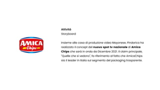 Attività


Storyboard


Insieme alla casa di produzione video Mayonese, Pindarica ha
realizzato il concept del nuovo spot tv nazionale di Amica
Chips che sarà in onda da Dicembre 2021. Il claim principale,
“Quelle che si vedono”, fa riferimento al fatto che AmicaChips
sia il leader in Italia sul segmento del packaging trasparente.
 