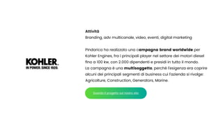 Attività


Branding, adv multicanale, video, eventi, digital marketing


Pindarica ha realizzato una campagna brand worldwide per
Kohler Engines, fra i principali player nel settore dei motori diesel
fi
no a 100 kw, con 2.000 dipendenti e presidi in tutto il mondo.


La campagna è una multisoggetto, perché l’esigenza era coprire
alcuni dei principali segmenti di business cui l’azienda si rivolge:
Agricolture, Construction, Generators, Marine.
Guarda il progetto sul nostro sito
 
