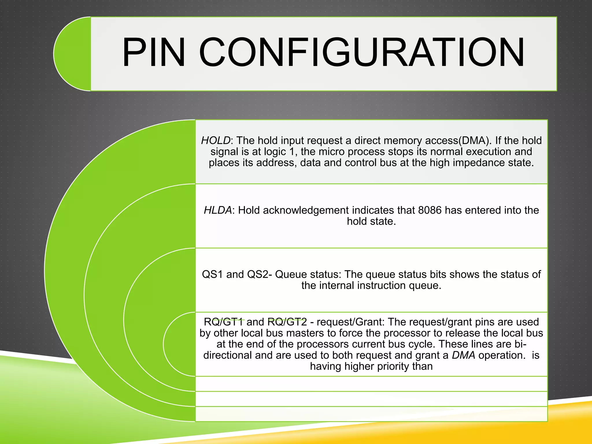 HOLD: The hold input request a direct memory access(DMA). If the hold
signal is at logic 1, the micro process stops its normal execution and
places its address, data and control bus at the high impedance state.
HLDA: Hold acknowledgement indicates that 8086 has entered into the
hold state.
QS1 and QS2- Queue status: The queue status bits shows the status of
the internal instruction queue.
RQ/GT1 and RQ/GT2 - request/Grant: The request/grant pins are used
by other local bus masters to force the processor to release the local bus
at the end of the processors current bus cycle. These lines are bi-
directional and are used to both request and grant a DMA operation. is
having higher priority than
PIN CONFIGURATION
 
