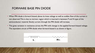FORWARE BASE PIN DIODE
• When PIN diode is forward biased, above its knee voltage as well as sudden flow of the current is
not observed.This is due to intrinsic region which is inserted in between P and N type of the
semiconductor material. Slowly current through the PIN diode will increase.
• This gives variation in resistance across the PIN with change in the applied forward biased voltage.
The equivalent circuit of PIN diode when forward biased is as shown in figure.
 