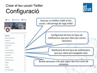 Crear el teu usuari Twitter
Configuració
Associar un telèfon mòbil al teu
usuari, i descàrrega de l’app mòbil
Configuració de tots els tipus de
notificacions que puc rebre per correu
electrònic
Notificació de tot tipus de notificacions
que puc rebre pel navegador web
Buscar persones a les que seguir des d’un arxiu de
contactes
 