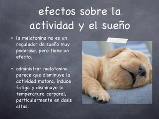 efectos sobre la actividad y el sueño la melatonina no es un regulador de sueño muy poderoso, pero tiene un efecto.  administrar melatonina parece que disminuye la actividad motora, induce fatiga y disminuye la temperatura corporal, particularmente en dosis altas.  