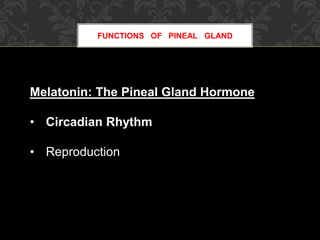 FUNCTIONS OF PINEAL GLAND
Melatonin: The Pineal Gland Hormone
• Circadian Rhythm
• Reproduction
 