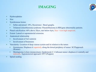  Hydrocephalus
 Size
 Synchronous lesion:
 Sellar and pineal: 10%, Occurrence : Basal ganglia.
 Trilateral retinoblastoma syndrome: Pinealoblastoma in RB1gene abnormality patients.
 Pineal calcification: 60% above 20yrs, rare below 6yrs, Size >1cm high suspicion.
 Extent: Lateral or supratentorial extension.
 Anatomical relationship
 Involvement of 3rd ventricle
 Involvement of brainstem
 Vascularity: Location of deep venous system and its relation to the tumor.
 Germinoma: Displaces it superiorly along the dorsal periphery of tumor: SCITapproach
(Krause)
 Meningioma (velum interpositum), Epidermoid, C. Callosum tumor: displaces it ventrally and
inferiorly. Supratentorial approach: OTT (Poppen)
 Spinal seeding
IMAGING
 