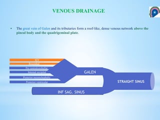 ICV
Rosenthal
Pre centralcerebellar
Internal occipital
Posterior mesenchephalic
Posterior ventricular
GALEN
INF SAG. SINUS
STRAIGHT SINUS
 The great vein of Galen and its tributaries form a roof-like, dense venous network above the
pineal body and the quadrigeminal plate.
VENOUS DRAINAGE
 