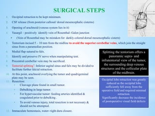 1. Occipital retraction to be kept minimum.
2. CSF release (from posterior callosal/ dorsal mesencephalic cisterns)
3. Opening of arachnoid (venous system lies in it)
4. Yasargil – positively identify vein of Rosenthal- Galen junction
 (Vein of Rosenthal may be mistaken for darkly colored dorsal mesencephalic cistern)
5. Tentorium incised 5 – 10 mm from the midline to avoid the superior cerebellar veins, which join the straight
sinus from a paramedian position.
SURGICAL STEPS
6. Medial ﬂap sutured to falx.
7. Identify and preserve IV nerve when manipulating tent.
8. Precentral cerebellar vein may be sacriﬁced.
9. Tentorial splitting*: Inferior sagital sinus and falx may be divided to
facilitate further falcial retraction.
10. At this point, arachnoid overlying the tumor and quadrigeminal
plate may be seen.
11. Resection:
• Cleavage plane found in small tumor.
• Debulking in large tumor.
• For hypervascular tumor: feeding arteries identiﬁed &
coagulated prior to debulking .
• To avoid venous injury, total resection is not necessary &
should not be attempted.
12. Immaculate hemostasis, water-‐tight dura closure.
Occipital lobe retraction was greatly
reduced as the occipital lobe
sufficiently fell away from the
operative field and required minimal
retraction.
Significantly decrease the incidence
of postoperative visual field defects
Splitting the tentorium offers a
panoramic supra‐ and
infratentorial view of the tumor,
the surrounding deep venous
structures and the collicular plate
of the midbrain.
 