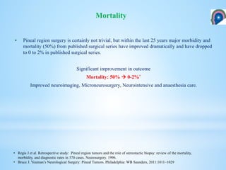  Pineal region surgery is certainly not trivial, but within the last 25 years major morbidity and
mortality (50%) from published surgical series have improved dramatically and have dropped
to 0 to 2% in published surgical series.
Significant improvement in outcome
Mortality: 50%  0-2%*
Improved neuroimaging, Microneurosurgery, Neurointensive and anaesthesia care.
Mortality
• Regis J et al. Retrospective study: Pineal region tumors and the role of stereotactic biopsy: review of the mortality,
morbidity, and diagnostic rates in 370 cases. Neurosurgery. 1996.
• Bruce J. Youman’s Neurological Surgery: Pineal Tumors. Philadelphia: WB Saunders, 2011:1011–1029
 