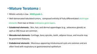 •Mature Teratoma :
• Mitotic activity is low . WHO grade 1.
• Well-demarcated lobulated tumors, composed entirely of fully differentiated adult-type
elements from two or three embryonic germ layers.
• Ectodermal elements : Skin, hair, and dermal appendages (e.g., sebaceous glands) as
well as CNS tissue are common.
• Mesodermal elements: Cartilage, bony spicules, teeth, adipose tissue, and muscle may
be prominent features.
• Endodermal elements : Mucinous-appearing intratumoural cysts are common and are
often lined with respiratory or gastrointestinal epithelium
 