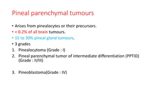 Pineal parenchymal tumours
• Arises from pinealocytes or their precursors.
• < 0.2% of all brain tumours.
• 15 to 30% pineal gland tumours.
• 3 grades
1. Pinealocytoma (Grade : I)
2. Pineal parenchymal tumor of intermediate differentiation (PPTID)
(Grade : II/III)
3. Pineoblastoma(Grade : IV)
 