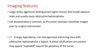 Imaging features
• Large, bulky, aggressive-looking pineal region masses that invade adjacent
brain and usually cause obstructive hydrocephalus.
• CSF dissemination is common, so the entire neuroaxis should be imaged
prior to surgical intervention.
• CT : A large, hyperdense, non homogeneous enhancing mass with
obstructive hydrocephalus is typical. If pineal calcifications are present,
they appear "exploded" toward the periphery of the tumor.
 