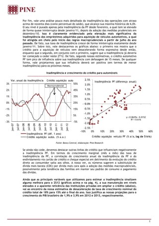 Por fim, vale uma análise pouco mais detalhada da inadimplência das operações com atraso
                         acima de noventa dias (como percentual do saldo), que alcanço sua máxima histórica de 6,0%.
                         O seu nível é puxado apenas pela inadimplência da PF desde fevereiro, a qual tem se elevado
                         de forma quase ininterrupta desde janeiro/11, depois da adoção das medidas prudenciais em
                         dezembro/10. Isso é claramente evidenciado pela elevação mais significativa da
                         inadimplência dos empréstimos adquiridos para aquisição de veículos automotivos, a qual
                         foi atingida em cheio pelo início das regras macroprudenciais a partir de julho do ano
                         passado. De fato, sua taxa de inadimplência cresce de forma ininterrupta exatamente desde
                         janeiro/11. Sobre isto, vale destacarmos os gráficos abaixo: o primeiro nos mostra que o
                         crédito para a aquisição de veículos vem desacelerando forma expressiva desde então,
                         enquanto que o segundo, em conjunto com o primeiro, sugere que a inadimplência já deveria
                         ter começado a ceder neste 2T12. De fato, segundo nossas estimativas, o crédito automotivo
                         PF tem pico de influência sobre sua inadimplência com defasagem de 15 meses. De qualquer
                         forma, vale projetarmos que sua influência deverá ser positiva (em termos de menor
                         inadimplência) para os próximos meses.

                                                                 Inadimplência e crescimento do crédito para automóveis

      Var. anual da inadimplência                                    Crédito aquisição auto                         2.5%
                                                                                                                               Inadimplência PF (diferença anual)
3%                                                                                                         55%      2.0%
                                                                     Macro prudencial

2%                                                                                                         45%      1.5%
                                                                                                                    1.0%
1%                                                                                                         35%
                                                                                                                    0.5%
0%                                                                                                         25%      0.0%
-1%                                                                                                        15%     -0.5%
                                                                                                                   -1.0%
-2%                                                                                                        5%
                                                                                                                                                         y = 0.0629x - 0.0152
                                                                                                                   -1.5%                                      R² = 0.616
-3%                                                                                                        -5%
                                                                                                                   -2.0%
      jan-07



                        jan-08



                                          jan-09



                                                            jan-10



                                                                                jan-11



                                                                                                  jan-12
               jul-07



                                 jul-08



                                                   jul-09



                                                                       jul-10



                                                                                         jul-11




                                                                                                                    -2.5%
                                                                                                                 -10%     0%       10%     20%     30%      40%      50%        60%
                                 Inadimplência PF (dif. 1 ano)
                                 Crédito aquisição autos. (% a.a.)                                                         Crédito aquisição veículo PF (% a/a, lag de 5 tris)

                                                                                  Fonte: Banco Central; elaboração: Pine Research


                         Se ainda não cede, devemos destacar outras linhas de crédito que influenciam negativamente
                         a inadimplência PF. Em termos do crescimento marginal (mês a mês) das taxa de
                         inadimplência da PF, a correlação do crescimento anual da inadimplência da PF e do
                         endividamento via cartão de crédito e cheque especial em detrimento da evolução do crédito
                         direto ao consumidor salta aos olhos. A nosso ver, os números sugerem a substituição de
                         dívida mais barata (CDC) por dívida mais cara após a adoção das medidas macroprudenciais,
                         possivelmente pela tendência das famílias em manter seu padrão de consumo e pagamento
                         das dívidas.

                         Ainda que as principais variáveis que utilizamos para estimar a inadimplência sinalizem
                         alguma melhora para o 2S12 (gráficos acima e na pág. 4), a sua manutenção em níveis
                         elevados e a aparente reticência das instituições privadas em ampliar o crédito (abaixo),
                         vai ao encontro da nossa estimativa de desaceleração da taxa de crescimento nominal do
                         crédito total de 18% para 15% até o final do ano. Isso justifica as nossas projeções para o
                         crescimento do PIB brasileiro de 1,9% e 3,9% em 2012 e 2013, respectivamente.




                                                                                                                                                                                3
 
