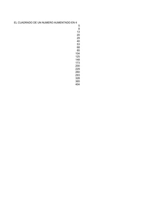 EL CUADRADO DE UN NUMERO AUMENTADO EN 4
                                        5
                                        8
                                       13
                                       20
                                       29
                                       40
                                       53
                                       68
                                       85
                                      104
                                      125
                                      148
                                      173
                                      200
                                      229
                                      260
                                      293
                                      328
                                      365
                                      404
 