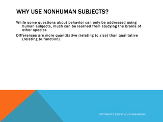 WHY USE NONHUMAN SUBJECTS? While some questions about behavior can only be addressed using human subjects, much can be learned from studying the brains of other species Differences are more quantitative (relating to size) than qualitative (relating to function) COPYRIGHT © 2007 BY ALLYN AND BACON 