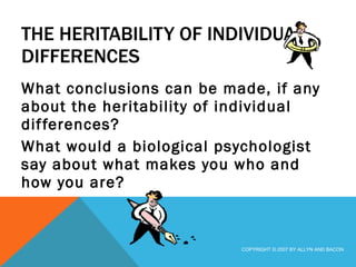 THE HERITABILITY OF INDIVIDUAL DIFFERENCES What conclusions can be made, if any about the heritability of individual differences? What would a biological psychologist say about what makes you who and how you are? COPYRIGHT © 2007 BY ALLYN AND BACON 