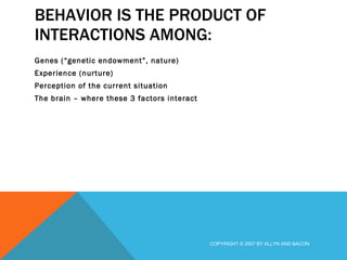 BEHAVIOR IS THE PRODUCT OF INTERACTIONS AMONG: Genes (“genetic endowment”, nature) Experience (nurture) Perception of the current situation The brain – where these 3 factors interact COPYRIGHT © 2007 BY ALLYN AND BACON 