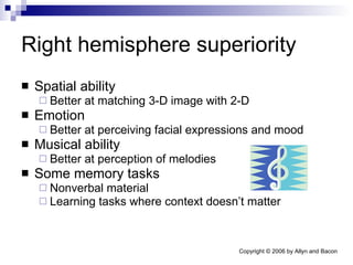 Right hemisphere superiority Spatial ability Better at matching 3-D image with 2-D Emotion Better at perceiving facial expressions and mood Musical ability Better at perception of melodies Some memory tasks Nonverbal material Learning tasks where context doesn’t matter  