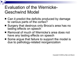Evaluation of the Wernicke-Geschwind Model Can it predict the deficits produced by damage to various parts of the cortex? Surgery that destroys only Broca’s area has no lasting effects on speech Removal of much of Wernicke’s area does not have any lasting effects on speech Some argue that failure to support the model is due to pathology-related reorganization  