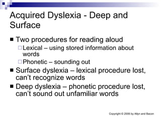 Acquired Dyslexia - Deep and Surface Two procedures for reading aloud Lexical – using stored information about words Phonetic – sounding out Surface dyslexia – lexical procedure lost, can’t recognize words Deep dyslexia – phonetic procedure lost, can’t sound out unfamiliar words 