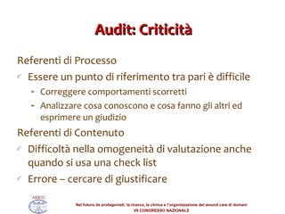 Audit: Criticità Referenti di Processo Essere un punto di riferimento tra pari è difficile  Correggere comportamenti scorretti Analizzare cosa conoscono e cosa fanno gli altri ed esprimere un giudizio Referenti di Contenuto  Difficoltà nella omogeneità di valutazione anche quando si usa una check list Errore – cercare di giustificare 