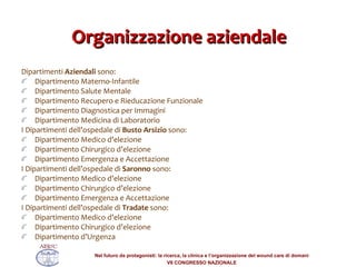 Organizzazione aziendale Dipartimenti  Aziendali  sono: Dipartimento Materno-Infantile Dipartimento Salute Mentale Dipartimento Recupero e Rieducazione Funzionale Dipartimento Diagnostica per Immagini Dipartimento Medicina di Laboratorio I Dipartimenti dell’ospedale di  Busto Arsizio  sono: Dipartimento Medico d’elezione  Dipartimento Chirurgico d’elezione  Dipartimento Emergenza e Accettazione   I Dipartimenti dell’ospedale di  Saronno  sono: Dipartimento Medico d’elezione Dipartimento Chirurgico d’elezione Dipartimento Emergenza e Accettazione I Dipartimenti dell’ospedale di  Tradate  sono: Dipartimento Medico d’elezione Dipartimento Chirurgico d’elezione Dipartimento d’Urgenza 