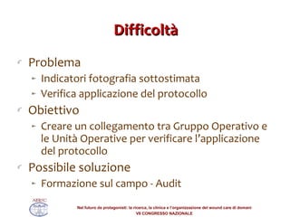 Difficoltà Problema Indicatori fotografia sottostimata Verifica applicazione del protocollo Obiettivo Creare un collegamento tra Gruppo Operativo e le Unità Operative per verificare l’applicazione del protocollo Possibile soluzione Formazione sul campo - Audit 