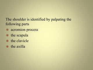 The shoulder is identified by palpating the
following parts
 acromion process
 the scapula
 the clavicle
 the axilla
 