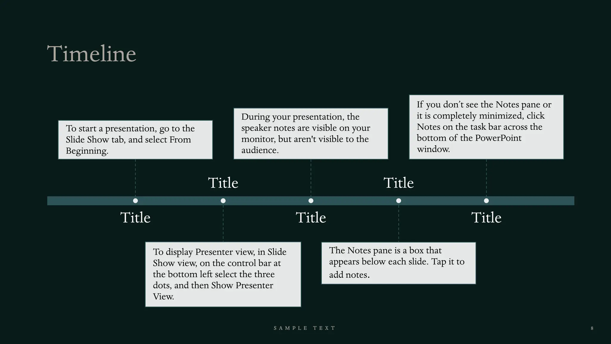 To start a presentation, go to the
Slide Show tab, and select From
Beginning.
Title
To display Presenter view, in Slide
Show view, on the control bar at
the bottom left select the three
dots, and then Show Presenter
View.
Title
During your presentation, the
speaker notes are visible on your
monitor, but aren't visible to the
audience.
Title
The Notes pane is a box that
appears below each slide. Tap it to
add notes.
Title
If you don’t see the Notes pane or
it is completely minimized, click
Notes on the task bar across the
bottom of the PowerPoint
window.
Title