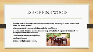 USE OF PINE WOOD
• Manufacture of indoor furniture of medium quality. Normally of rustic appearance
when the wood is seen.
• Interior carpentry: doors, windows, platforms, friezes.
• In some cases, it is also used in exterior carpentry but not especially exposed. For
example in doors and windows.
• Construction: beams and ceilings.
• Laminated wood.
• Enlisted and plywood boards.
 