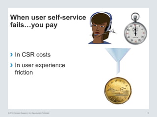 © 2014 Forrester Research, Inc. Reproduction Prohibited 15
When user self-service
fails…you pay
› In CSR costs
› In user experience
friction
 
