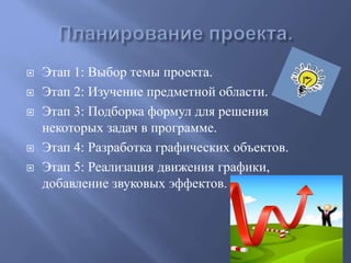  Этап 1: Выбор темы проекта.
 Этап 2: Изучение предметной области.
 Этап 3: Подборка формул для решения
некоторых задач в программе.
 Этап 4: Разработка графических объектов.
 Этап 5: Реализация движения графики,
добавление звуковых эффектов.
 