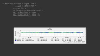 $ rrdtool create target.rrd 
--start 1537445727 
--step 10 
DS:ping:GAUGE:60:0:10000 
RRA:AVERAGE:0.5:6:60 
RRA:AVERAGE:0.5:8640:31
 