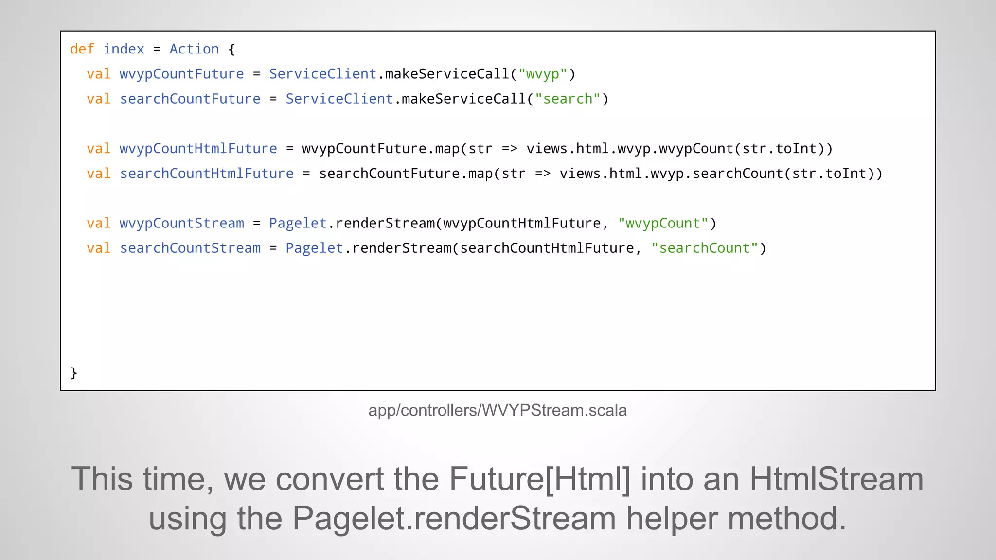 def index = Action {
val wvypCountFuture = ServiceClient.makeServiceCall("wvyp")
val searchCountFuture = ServiceClient.makeServiceCall("search")

val wvypCountHtmlFuture = wvypCountFuture.map(str => views.html.wvyp.wvypCount(str.toInt))
val searchCountHtmlFuture = searchCountFuture.map(str => views.html.wvyp.searchCount(str.toInt))

val wvypCountStream = Pagelet.renderStream(wvypCountHtmlFuture, "wvypCount")
val searchCountStream = Pagelet.renderStream(searchCountHtmlFuture, "searchCount")

}

app/controllers/WVYPStream.scala

This time, we convert the Future[Html] into an HtmlStream
using the Pagelet.renderStream helper method.

 