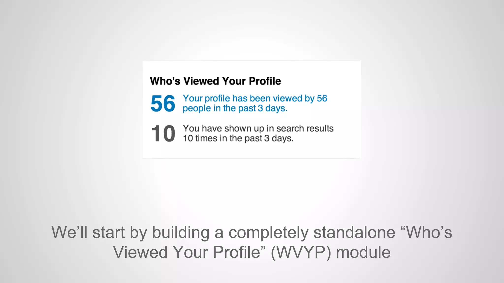 We’ll start by building a completely standalone “Who’s
Viewed Your Profile” (WVYP) module

 