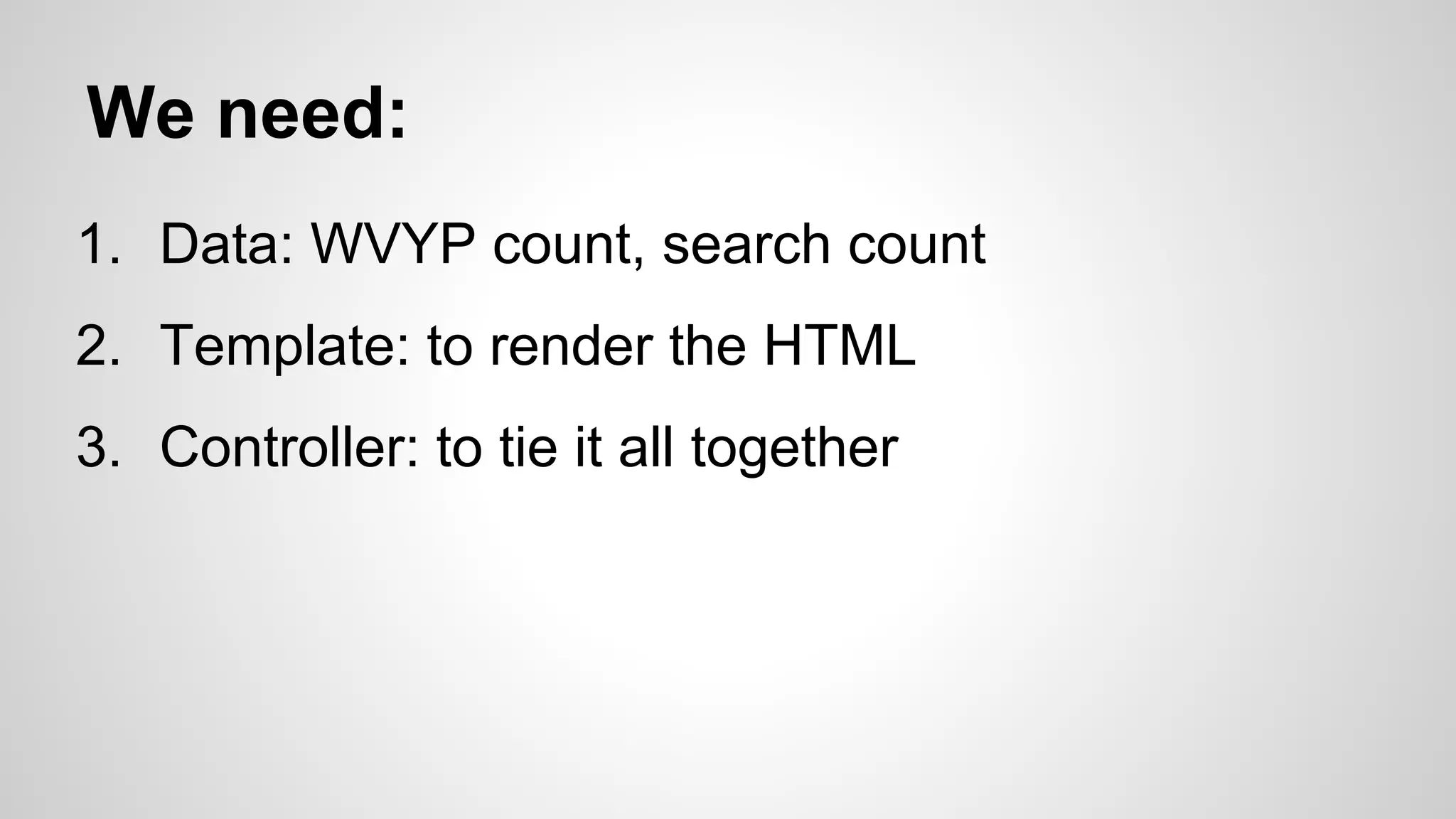 We need:
1. Data: WVYP count, search count
2. Template: to render the HTML
3. Controller: to tie it all together

 