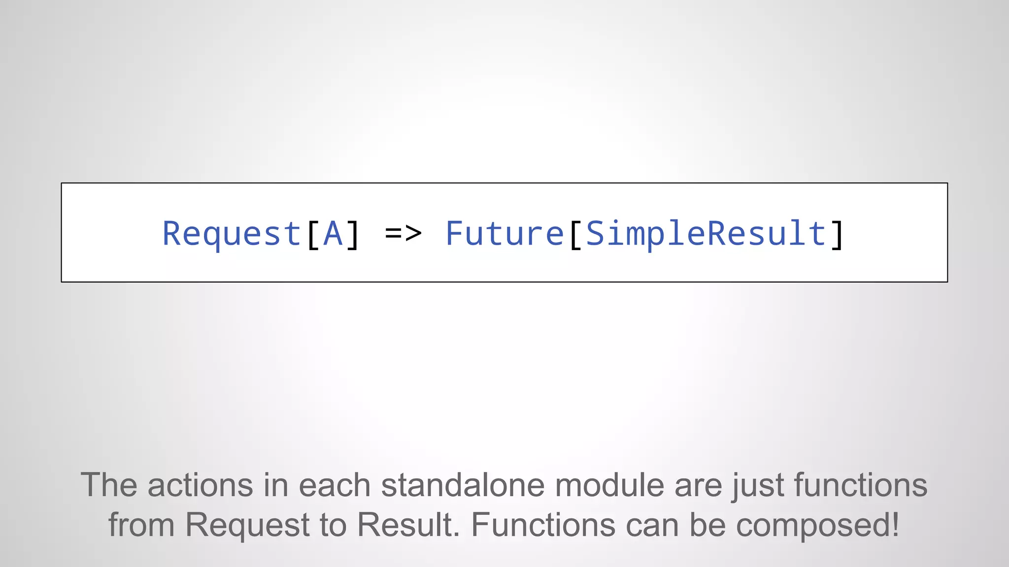 Request[A] => Future[SimpleResult]

The actions in each standalone module are just functions
from Request to Result. Functions can be composed!

 