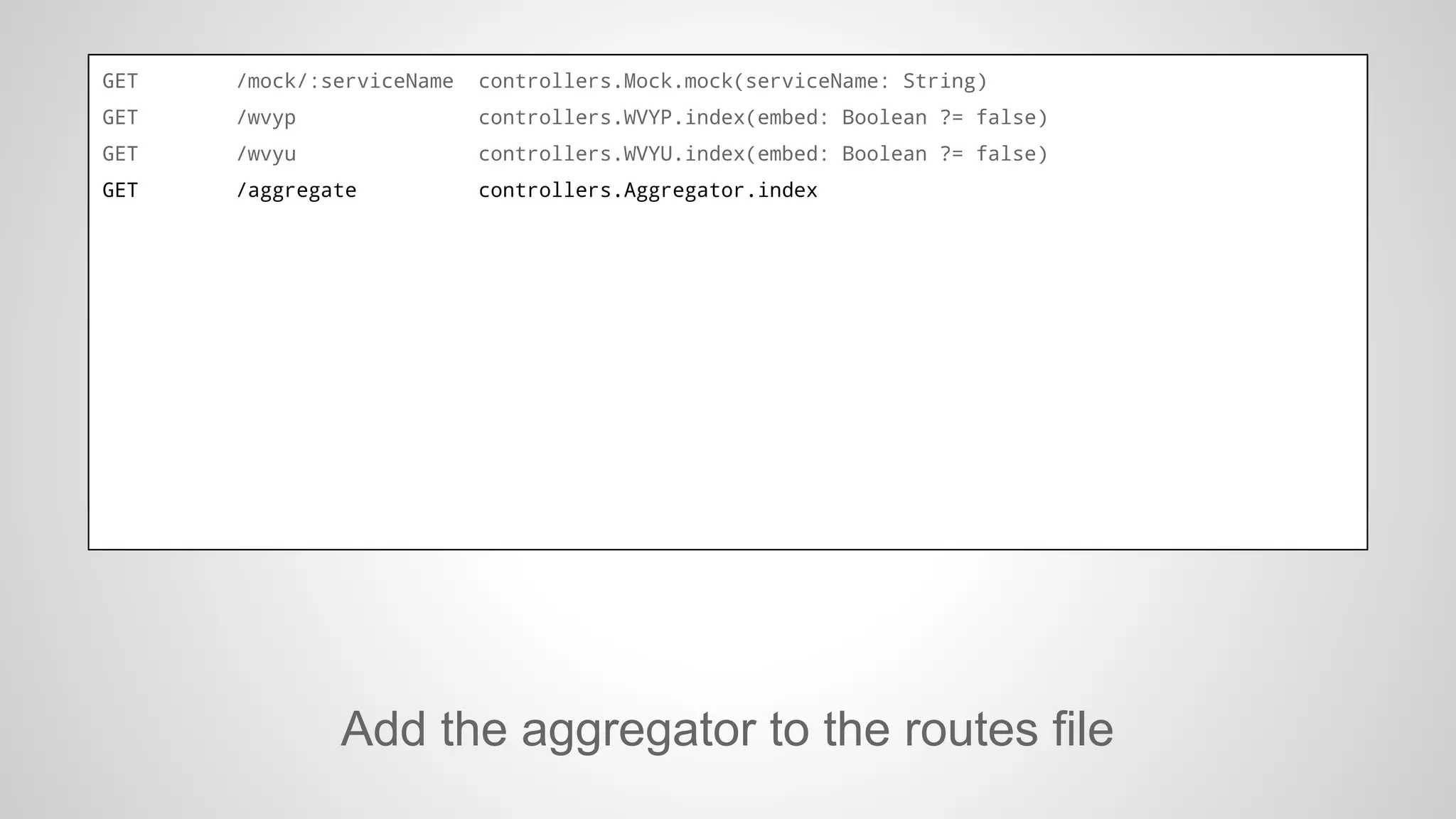 GET
@(wvypBody:/mock/:serviceName controllers.Mock.mock(serviceName: String)
Html, wvyuBody: Html)
GET

/wvyp

controllers.WVYP.index(embed: Boolean ?= false)

GET
<html>

/wvyu

controllers.WVYU.index(embed: Boolean ?= false)

GET
<head>

/aggregate

controllers.Aggregator.index

<link rel="stylesheet" href="/assets/stylesheets/wvyp.css"/>
<link rel="stylesheet" href="/assets/stylesheets/wvyu.css"/>
</head>
<body>
@wvypBody
@wvyuBody
</body>
</html>

app/views/aggregator/aggregator.scala

Add the aggregator to the routes file

 