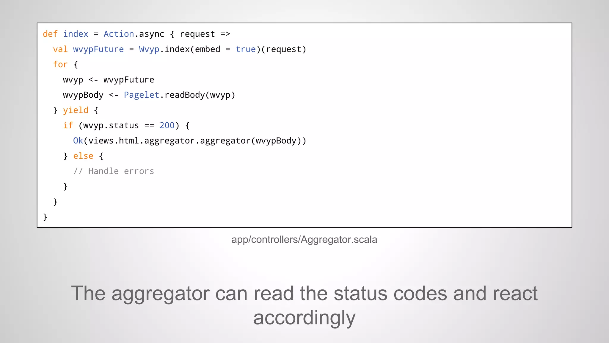 def index = Action.async { request =>
val wvypFuture = Wvyp.index(embed = true)(request)
for {
wvyp <- wvypFuture
wvypBody <- Pagelet.readBody(wvyp)
} yield {
if (wvyp.status == 200) {
Ok(views.html.aggregator.aggregator(wvypBody))
} else {
// Handle errors
}
}
}

app/controllers/Aggregator.scala

The aggregator can read the status codes and react
accordingly

 